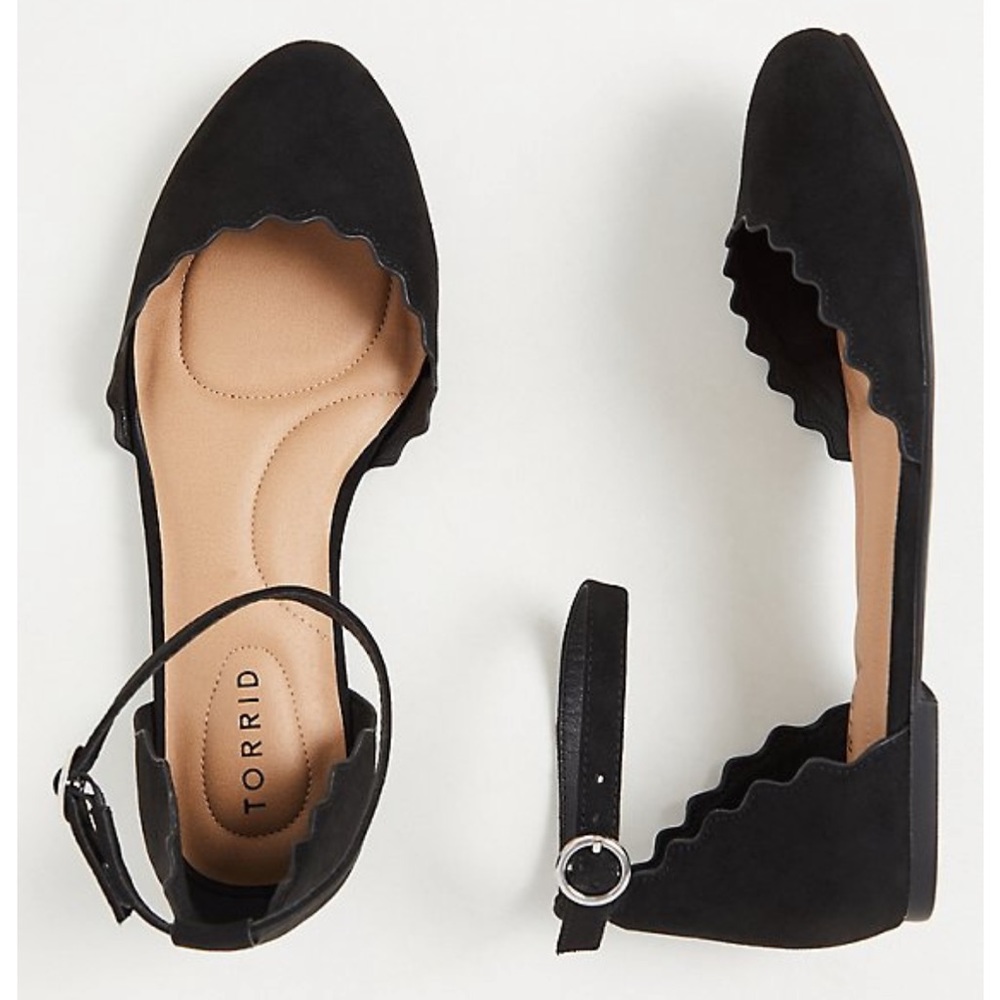 Torrid Black Ankle Strap Scalloped Faux Suede Flats